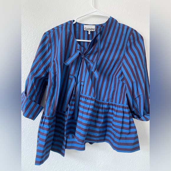 GANNI Striped Organic Cotton Peplum Blouse Blue Burgundy Tie Front Top Size 34 - Picture 2 of 5